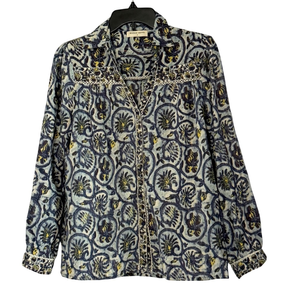 Maison Hotel Floral Button Down Top Blue Gold Metallic Floral Boho - Small